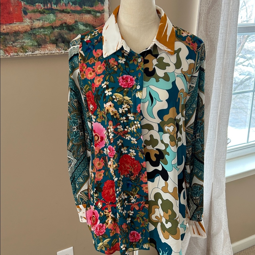 Floral and Abstract Patterned Button-Up Shirt